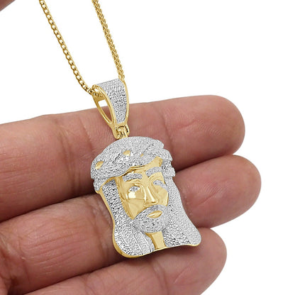 Genuine Natural Real Authentic Diamond 0.85 Cwt. Jesus Face Piece Pendent 10K Gold Over Unisex Religious Charm Chain Set Small 1.75''