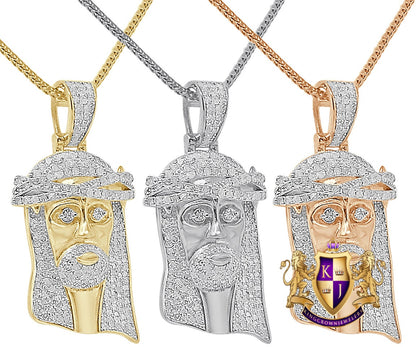 Real Genuine Authentic Diamond 1.00 Cwt. Jesus Face Piece Pendent 10K Gold Over Unisex Religious Charm Chain Set Small 1.65''