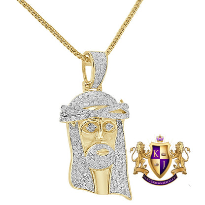Real Genuine Authentic Diamond 1.00 Cwt. Jesus Face Piece Pendent 10K Gold Over Unisex Religious Charm Chain Set Small 1.65''