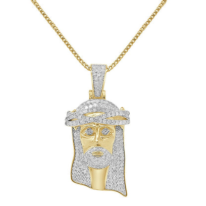 Real Genuine Authentic Diamond 1.00 Cwt. Jesus Face Piece Pendent 10K Gold Over Unisex Religious Charm Chain Set Small 1.65''