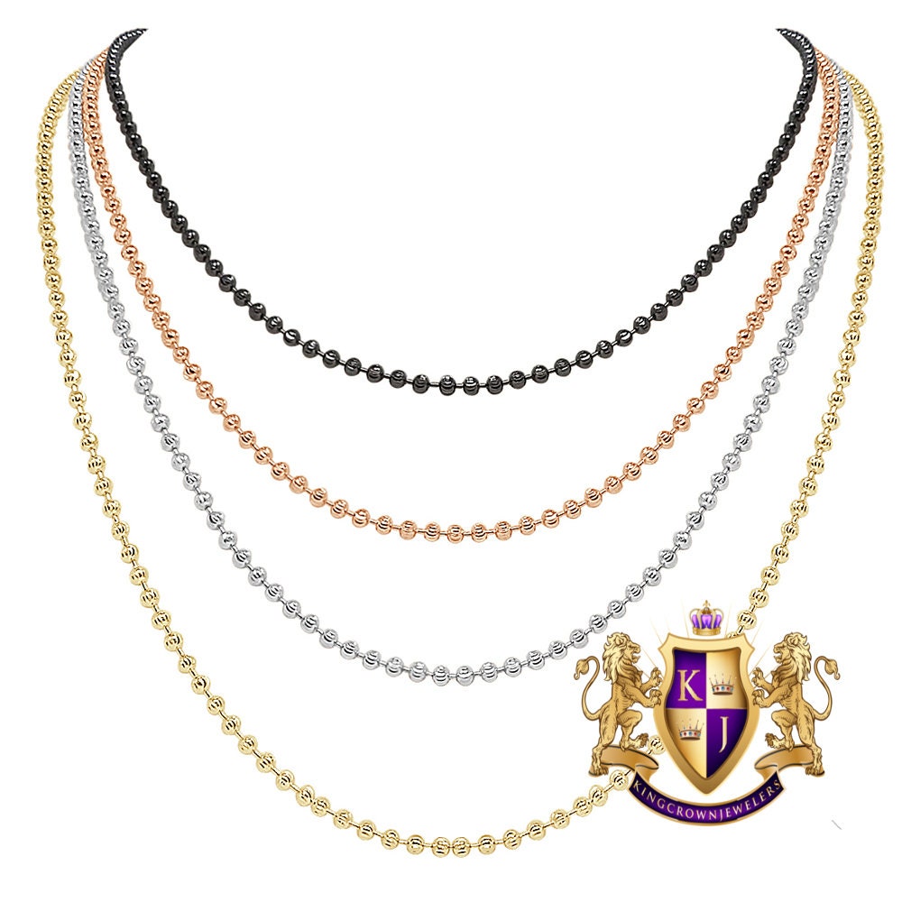 High Quality Men's Ladies Solid 14K Gold Finish Moon Cut Bead Ball Chain Necklace 2.5 mm /24 Inch
