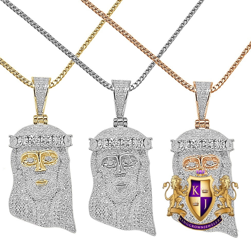 Unisex Real Authentic Genuine Diamond 1.20 Cwt. Jesus Face Piece Pendent 10K Gold Over Religious Charm Chain Set Small 1.75''