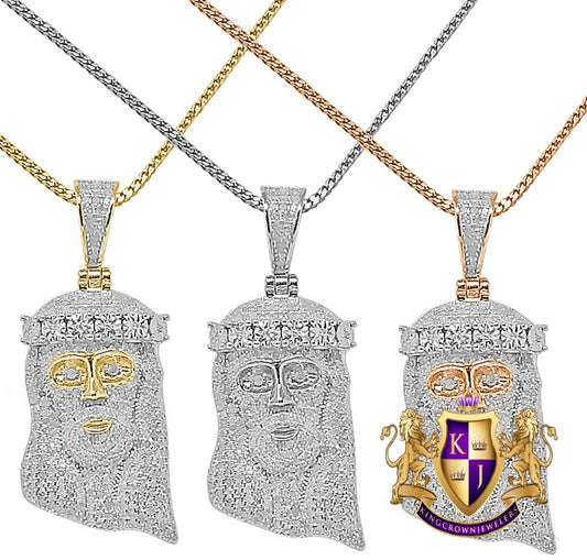 Unisex Real Authentic Genuine Diamond 1.20 Cwt. Jesus Face Piece Pendent 10K Gold Over Religious Charm Chain Set Small 1.75''