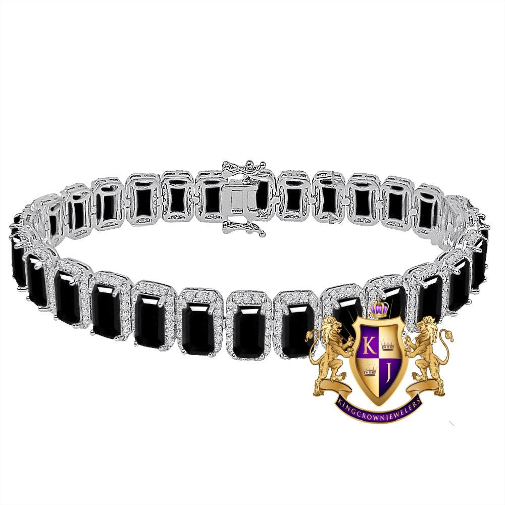 14K White Gold Finish Onyx Black Simulated Diamonds Solitaire Mens Ladies Bracelet 10mm / 8.5 Inch