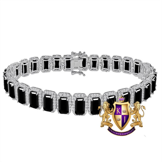 14K White Gold Finish Onyx Black Simulated Diamonds Solitaire Mens Ladies Bracelet 10mm / 8.5 Inch