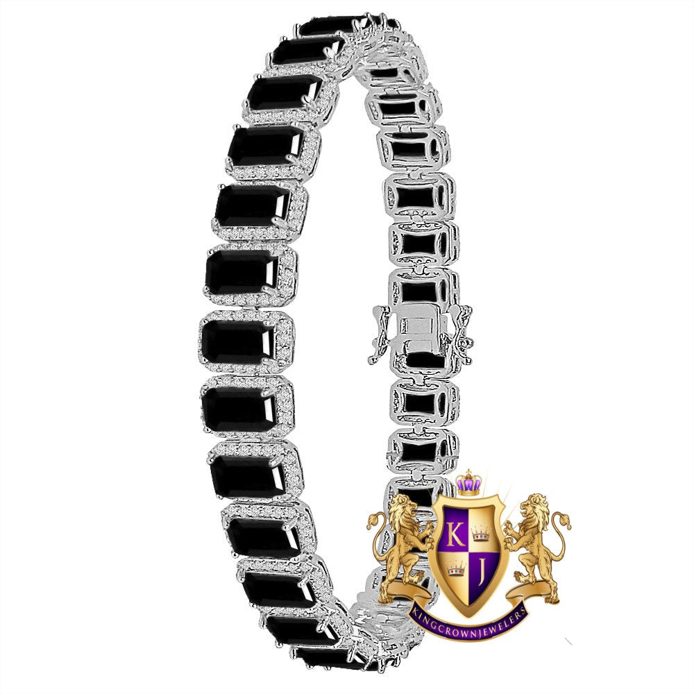 14K White Gold Finish Onyx Black Simulated Diamonds Solitaire Mens Ladies Bracelet 10mm / 8.5 Inch