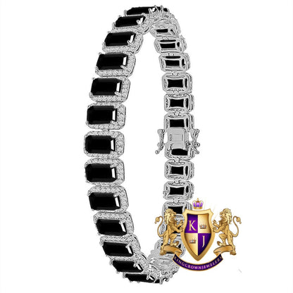 14K White Gold Finish Onyx Black Simulated Diamonds Solitaire Mens Ladies Bracelet 10mm / 8.5 Inch