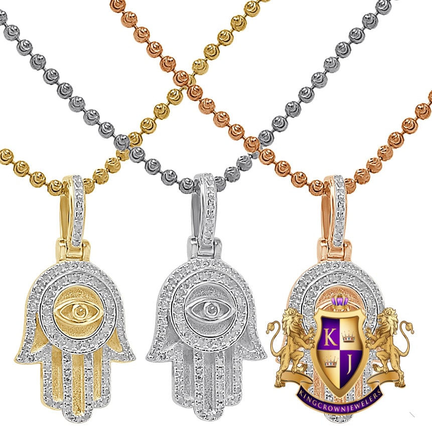 Mini Small 1.25'' Real Genuine Authentic Diamond Hamsa Hand of Fatima Evil Eye Charm 10K Solid Gold Over Jewish Religious Pendent Chain Set