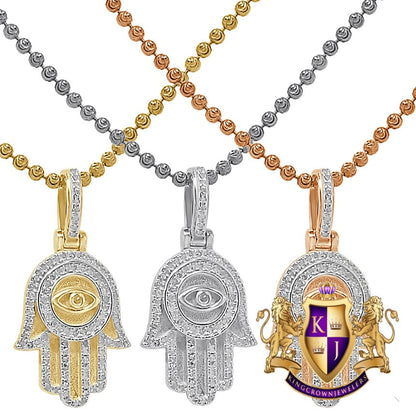 Mini Small 1.25'' Real Genuine Authentic Diamond Hamsa Hand of Fatima Evil Eye Charm 10K Solid Gold Over Jewish Religious Pendent Chain Set