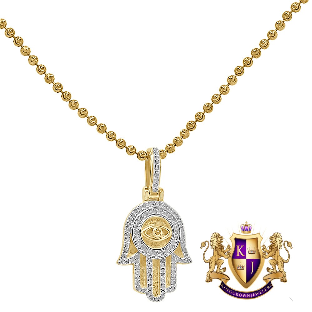 Mini Small 1.25'' Real Genuine Authentic Diamond Hamsa Hand of Fatima Evil Eye Charm 10K Solid Gold Over Jewish Religious Pendent Chain Set