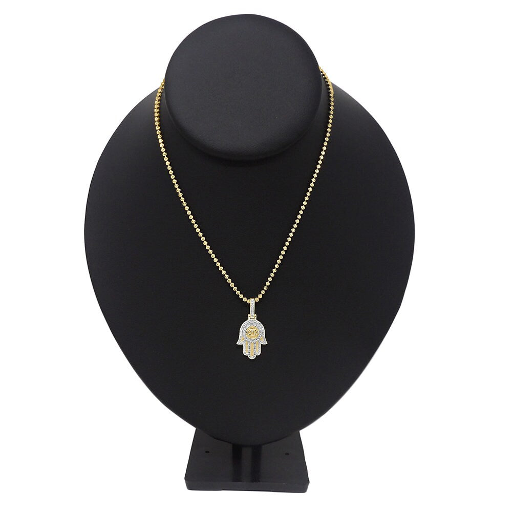 Mini Small 1.25'' Real Genuine Authentic Diamond Hamsa Hand of Fatima Evil Eye Charm 10K Solid Gold Over Jewish Religious Pendent Chain Set