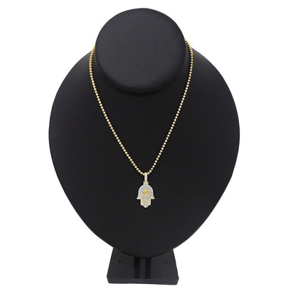 Mini Small 1.25'' Real Genuine Authentic Diamond Hamsa Hand of Fatima Evil Eye Charm 10K Solid Gold Over Jewish Religious Pendent Chain Set