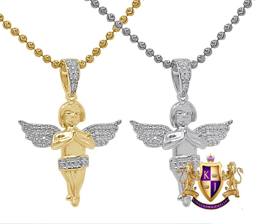 Mini Small 1.35'' Real Genuine Diamond Praying Hands Angel Wings Charm 10K Gold Over Religious Pendent Chain Set