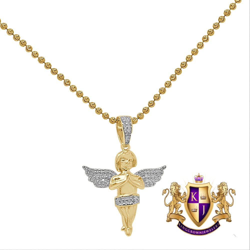 Mini Small 1.35'' Real Genuine Diamond Praying Hands Angel Wings Charm 10K Gold Over Religious Pendent Chain Set