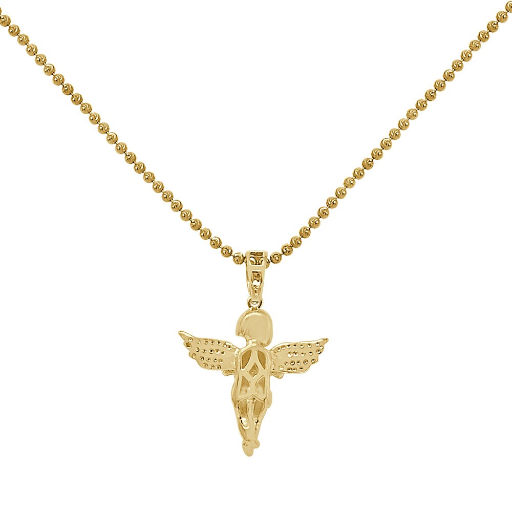 Mini Small 1.35'' Real Genuine Diamond Praying Hands Angel Wings Charm 10K Gold Over Religious Pendent Chain Set
