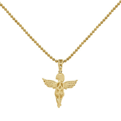 Mini Small 1.35'' Real Genuine Diamond Praying Hands Angel Wings Charm 10K Gold Over Religious Pendent Chain Set