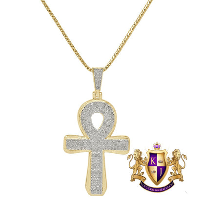 Real Genuine Diamond 1.00 Cwt. Egyptian Ankh Cross Charm 10K Gold Over Pendent Chain Set 2''