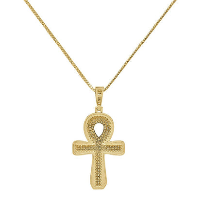 Real Genuine Diamond 1.00 Cwt. Egyptian Ankh Cross Charm 10K Gold Over Pendent Chain Set 2''