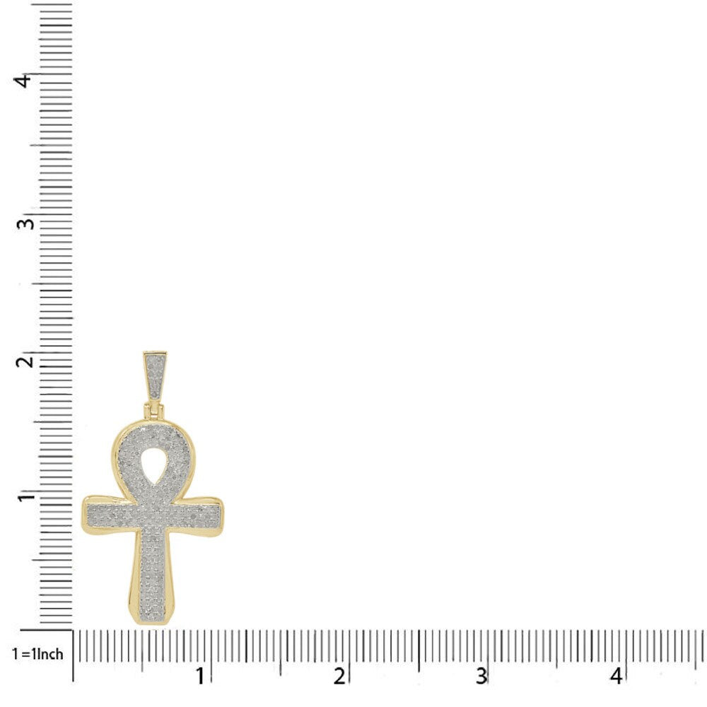 Real Genuine Diamond 1.00 Cwt. Egyptian Ankh Cross Charm 10K Gold Over Pendent Chain Set 2''