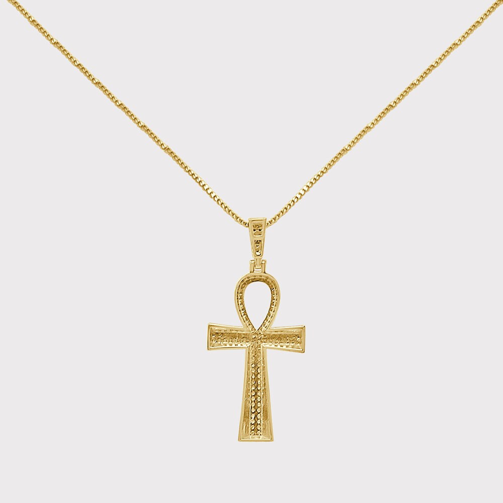Real Genuine Authentic Diamond 0.60 Cwt. Egyptian Ankh Cross Charm 10K Gold Over Unisex Pendent Chain Set 2''