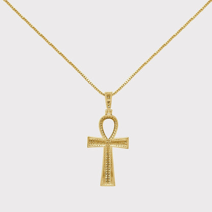 Real Genuine Authentic Diamond 0.60 Cwt. Egyptian Ankh Cross Charm 10K Gold Over Unisex Pendent Chain Set 2''