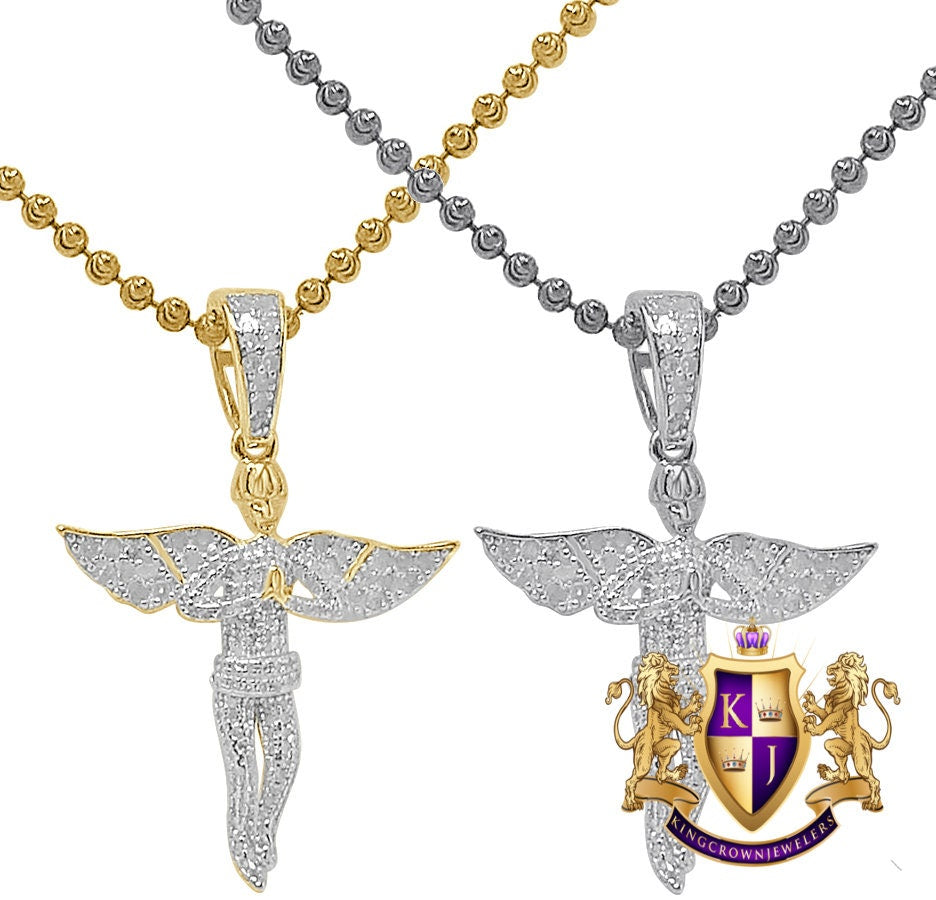 Real Genuine Diamond 0.87 Cwt. Praying Hands Angel Wings Charm 10K Gold Over Religious Pendent Chain Set Small 1.35''