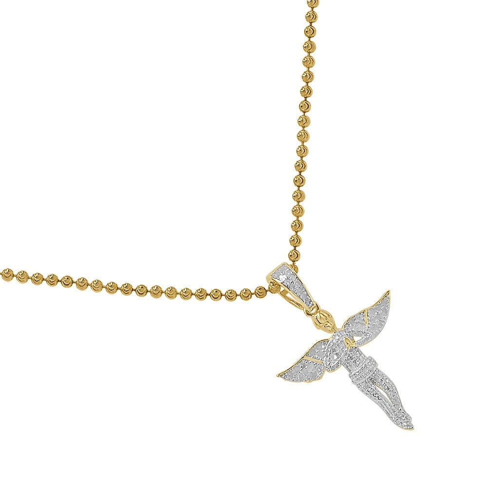 Real Genuine Diamond 0.87 Cwt. Praying Hands Angel Wings Charm 10K Gold Over Religious Pendent Chain Set Small 1.35''