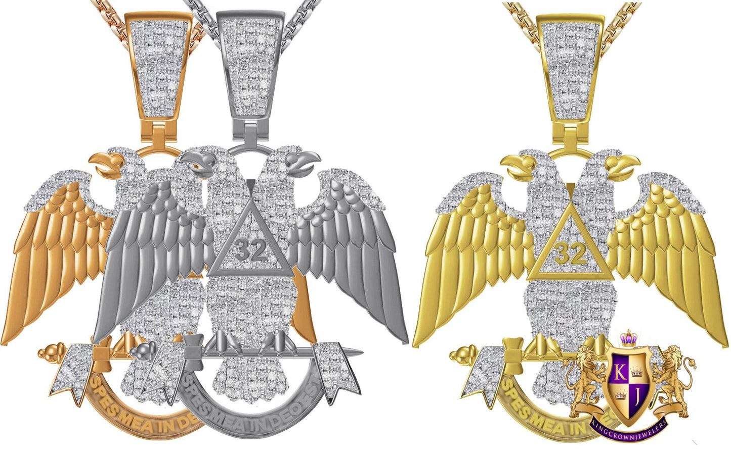 Real Diamond 0.60 Cwt. 25+ Grams Scottish Rite 32nd Degree Master Freemasons Double Headed Eagle Masonic Charm 10K Gold Over Pendent 2.25''