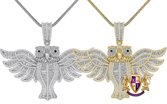 30+ Grams Real Genuine Sterling Silver Baguette Round Cut Simulated Diamond Flying Owl Bird Onyx Eye Charm 14K Gold Over Pendent Chain Set