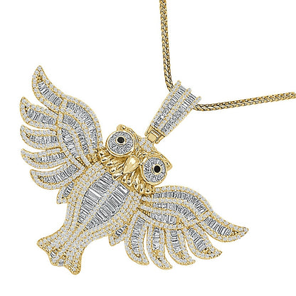 30+ Grams Real Genuine Sterling Silver Baguette Round Cut Simulated Diamond Flying Owl Bird Onyx Eye Charm 14K Gold Over Pendent Chain Set