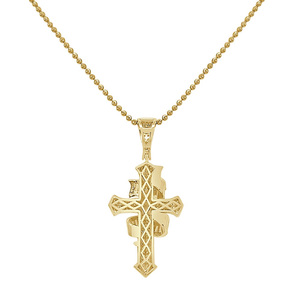 Baguette Real Authentic Italian Sterling Silver Simulated Diamond  14K Gold Over Jesus Cross Pendent Charm Chain Set 2.10''