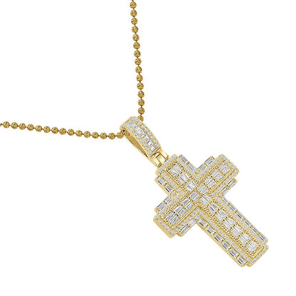 Unisex Baguette Real Authentic Italian Sterling Silver Simulated Diamond  14K Gold Over Jesus Cross Pendent Charm Chain Set 2.10''