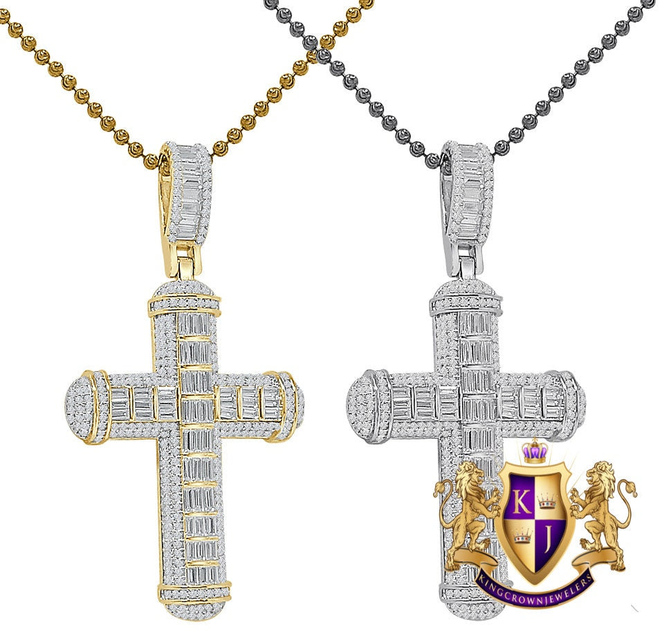 Genuine Authentic Italian Sterling Silver Baguette Round Cut Simulated Diamond  14K Gold Over Jesus Cross Pendent Charm Chain Set 2.25''