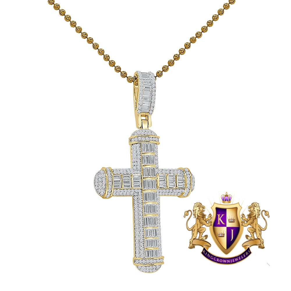 Genuine Authentic Italian Sterling Silver Baguette Round Cut Simulated Diamond  14K Gold Over Jesus Cross Pendent Charm Chain Set 2.25''