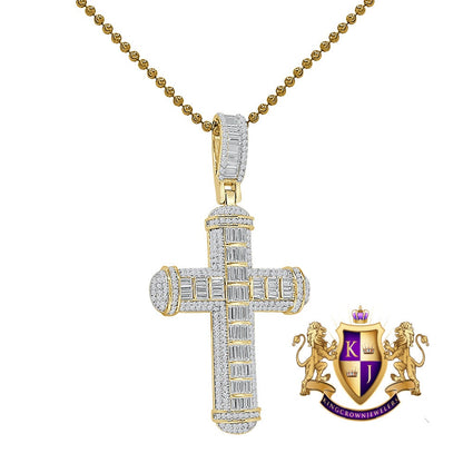 Genuine Authentic Italian Sterling Silver Baguette Round Cut Simulated Diamond  14K Gold Over Jesus Cross Pendent Charm Chain Set 2.25''