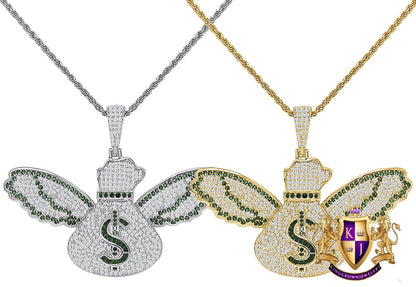 Real Genuine Sterling Silver 14K Gold Over Baguette/ Round Cut Simulated Diamond Flying Cash Money Bag Dollar Sign Pendent Charm Chain Set
