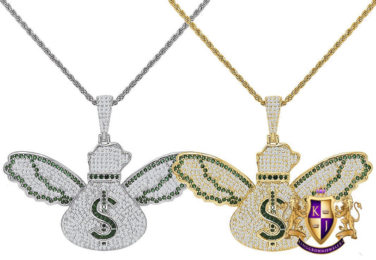 Real Genuine Sterling Silver 14K Gold Over Baguette/ Round Cut Simulated Diamond Flying Cash Money Bag Dollar Sign Pendent Charm Chain Set