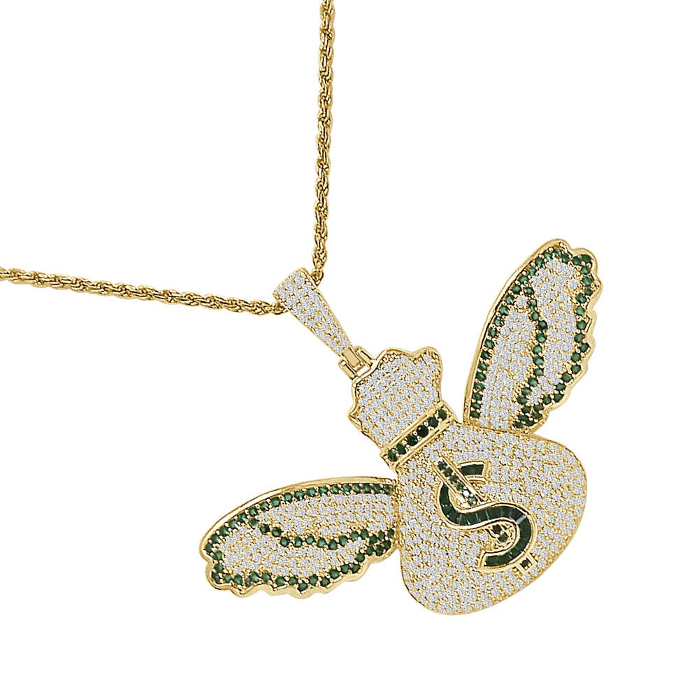 Real Genuine Sterling Silver 14K Gold Over Baguette/ Round Cut Simulated Diamond Flying Cash Money Bag Dollar Sign Pendent Charm Chain Set