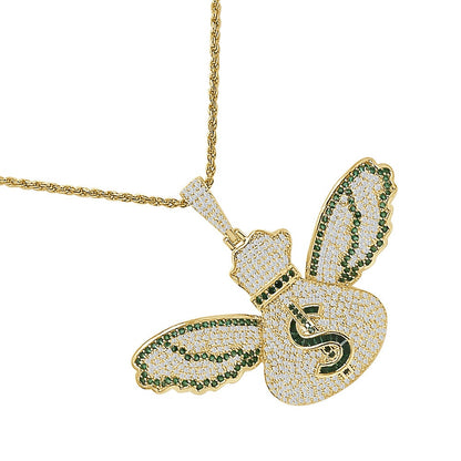 Real Genuine Sterling Silver 14K Gold Over Baguette/ Round Cut Simulated Diamond Flying Cash Money Bag Dollar Sign Pendent Charm Chain Set