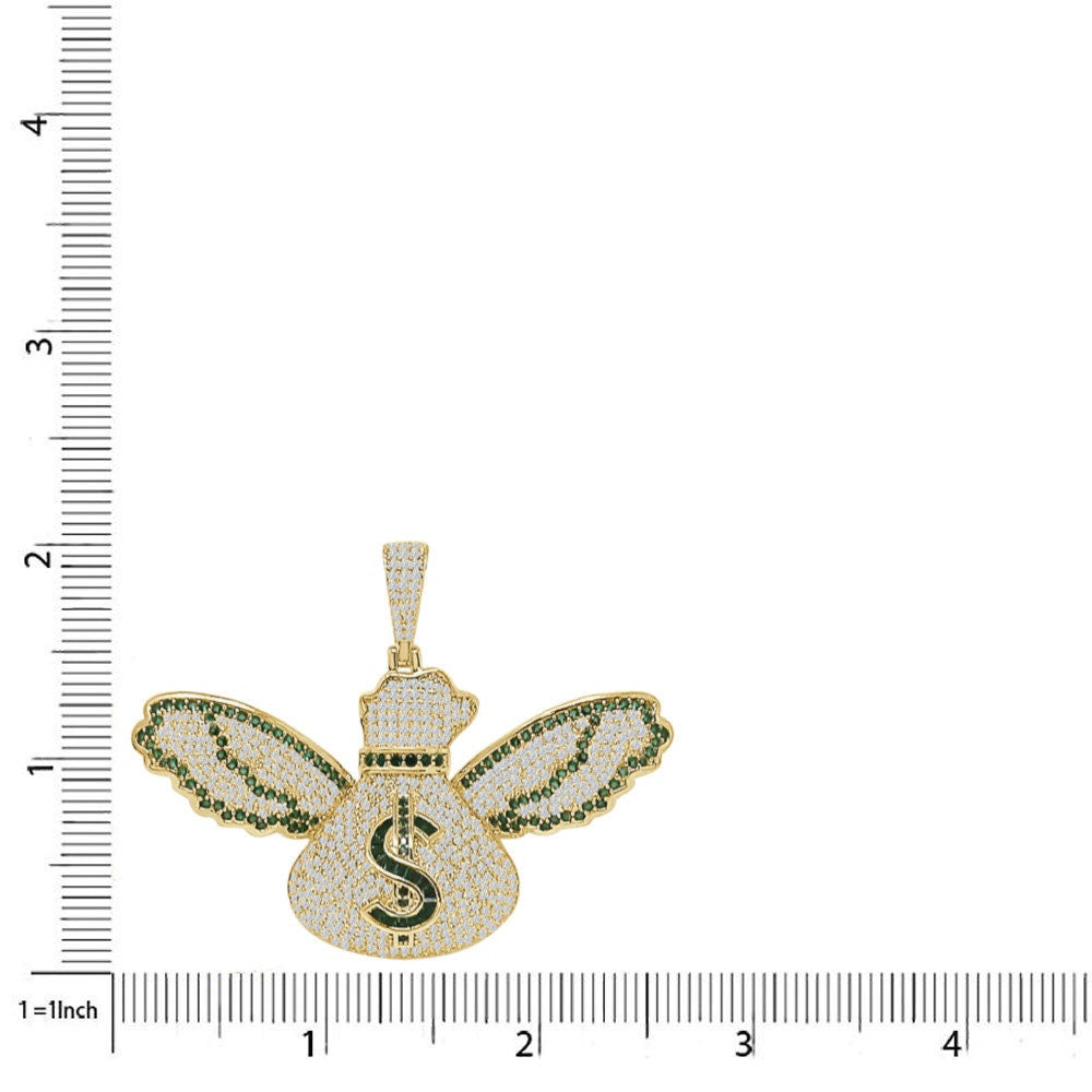 Real Genuine Sterling Silver 14K Gold Over Baguette/ Round Cut Simulated Diamond Flying Cash Money Bag Dollar Sign Pendent Charm Chain Set