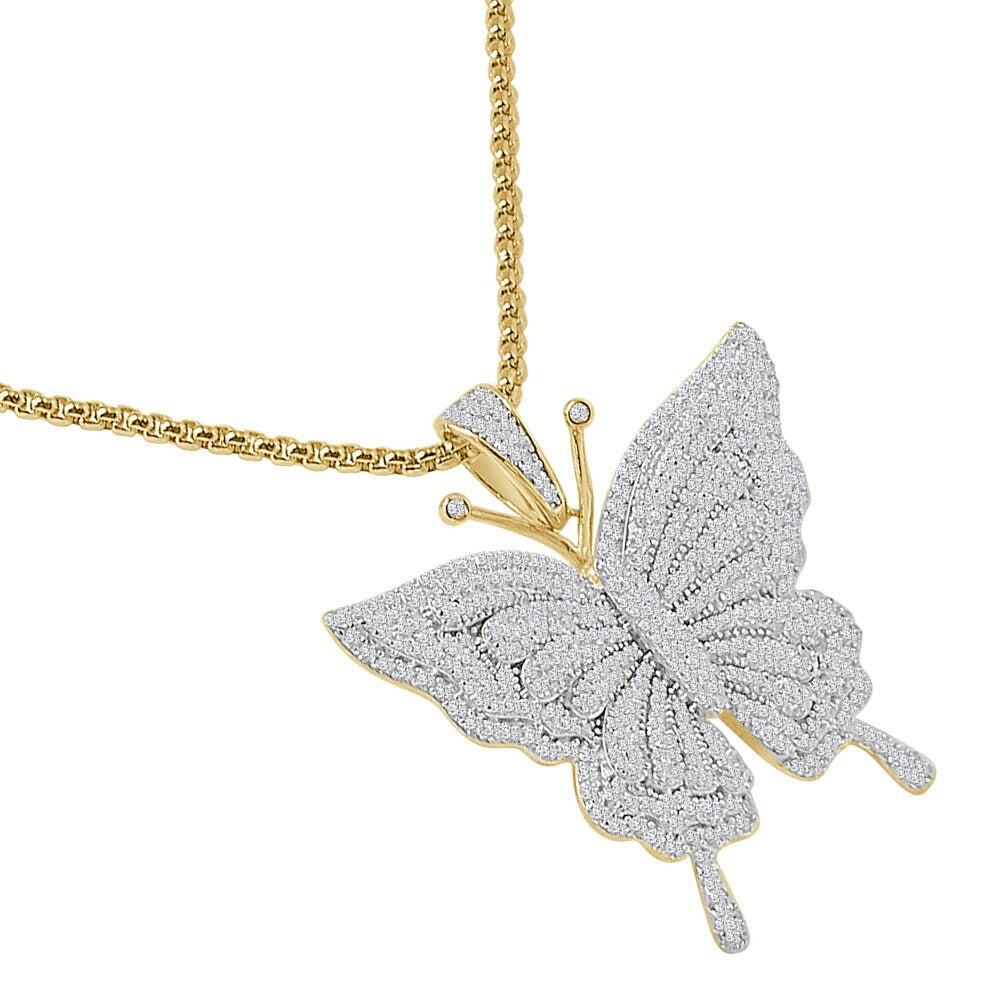 Real Genuine Authentic Sterling Silver Simulated Diamond 14K Gold Over Butterfly Unisex Charm Pendent 17+ Grams