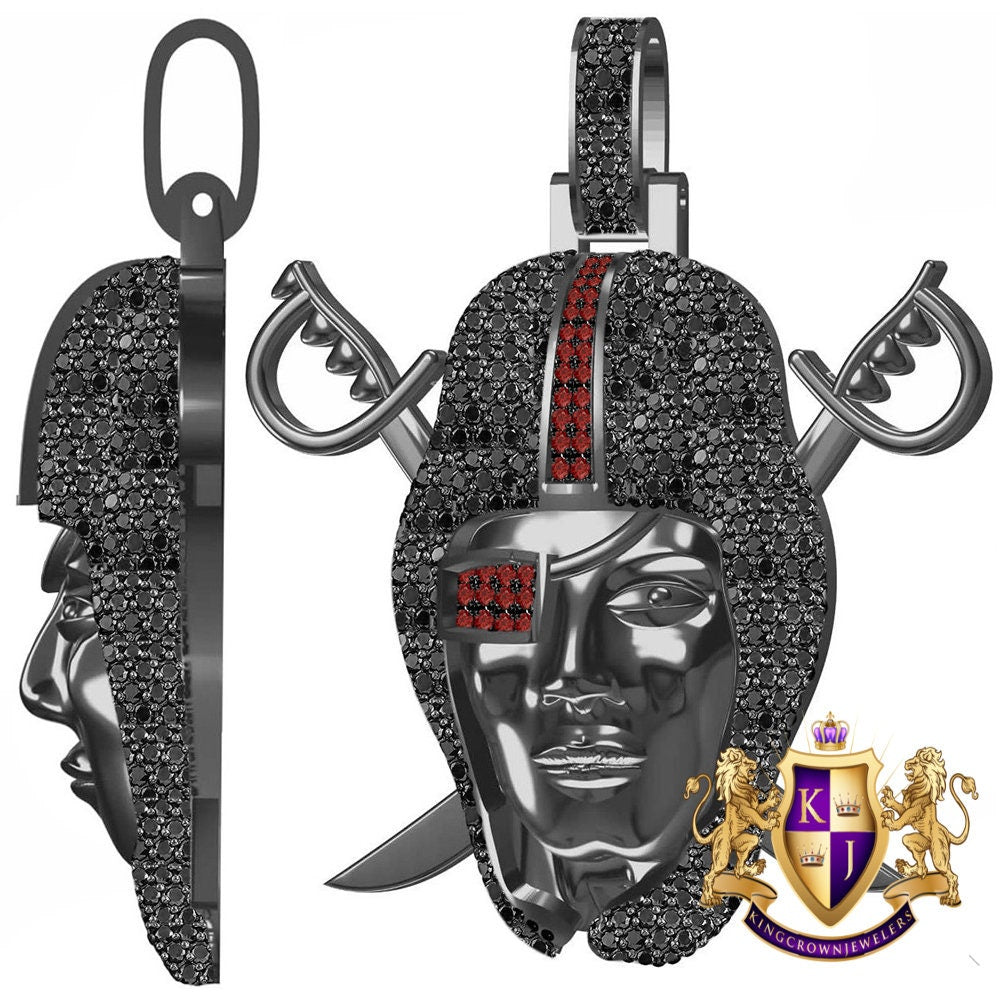 100% Real Genuine Authentic Black/Red Diamond 3.25 Cwt. Oakland Raiders Custom Piece 10K Black Gold Over Men's Sports Pendant Charm 2''
