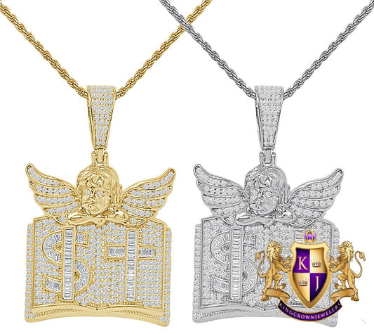 Real Genuine Sterling Silver 14K Gold Over Baguette/ Round Cut Simulated Diamond Angel Cross Bible Book Dollar Sign Pendent Charm Chain Set