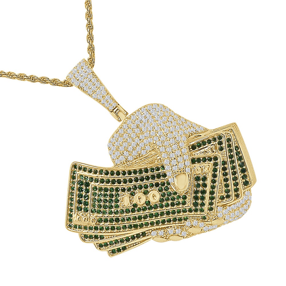 40+ Grams 14K Gold On Real Sterling Silver Hand Holding Money Cash 100 Hundred Dollar Bills Rich Simulated Diamond Pendant Charm Chain  2"