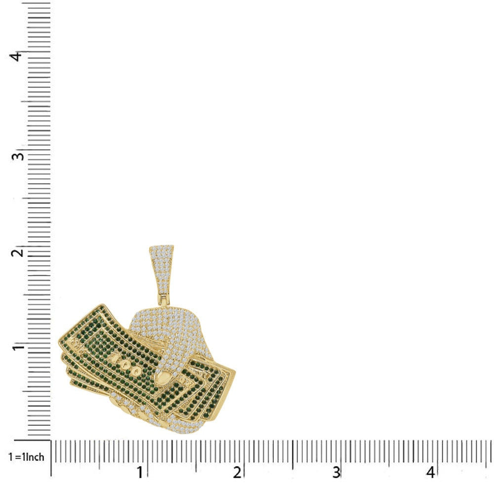 40+ Grams 14K Gold On Real Sterling Silver Hand Holding Money Cash 100 Hundred Dollar Bills Rich Simulated Diamond Pendant Charm Chain  2"