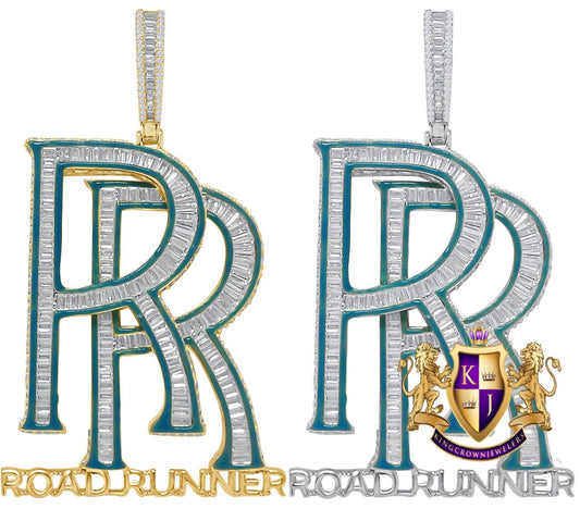 34+ Grams Baguette Genuine Sterling Silver Men's 3.50 Ct Simulated Diamond 14K Gold Over Custom RR ROAD RUNNER 3D Charm Pendant Big 3''
