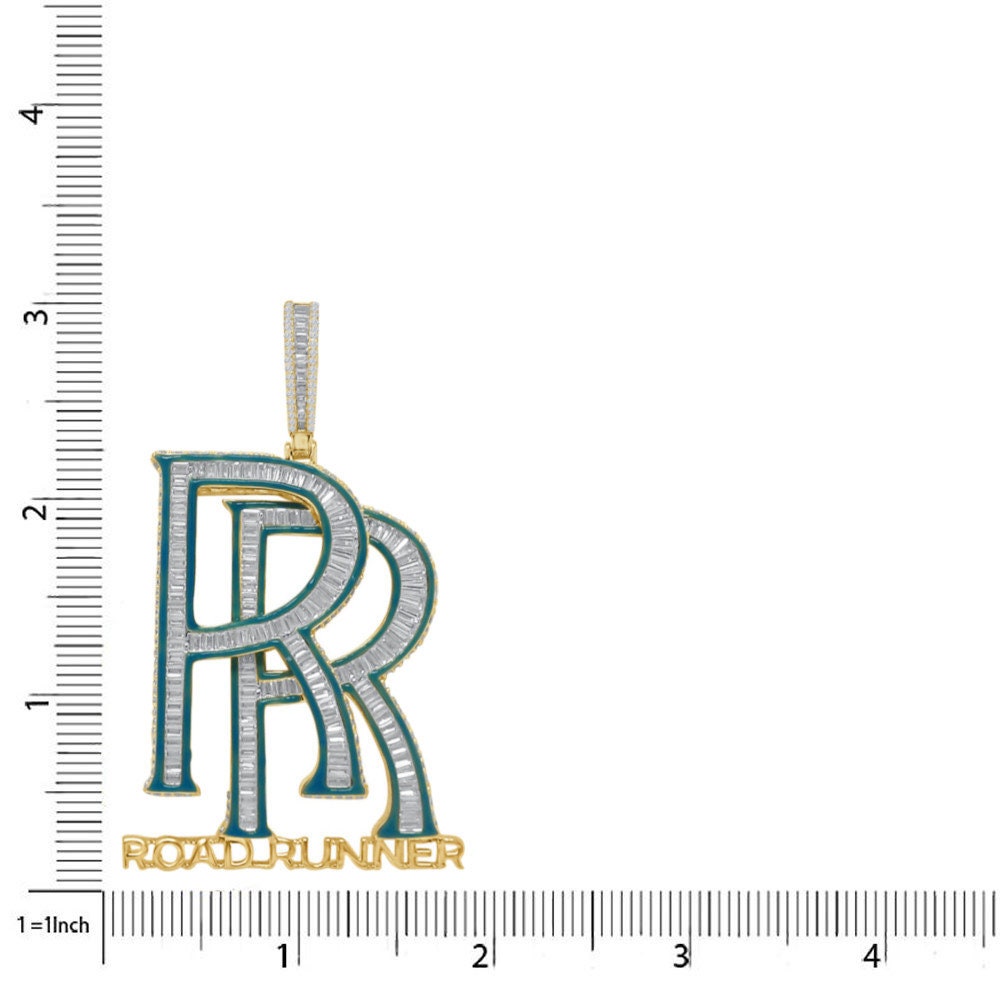 34+ Grams Baguette Genuine Sterling Silver Men's 3.50 Ct Simulated Diamond 14K Gold Over Custom RR ROAD RUNNER 3D Charm Pendant Big 3''