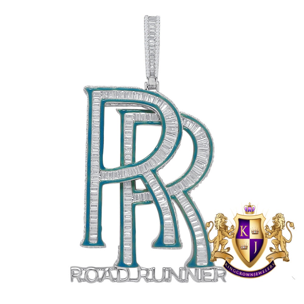 34+ Grams Baguette Genuine Sterling Silver Men's 3.50 Ct Simulated Diamond 14K Gold Over Custom RR ROAD RUNNER 3D Charm Pendant Big 3''