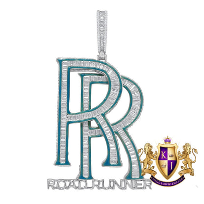 34+ Grams Baguette Genuine Sterling Silver Men's 3.50 Ct Simulated Diamond 14K Gold Over Custom RR ROAD RUNNER 3D Charm Pendant Big 3''