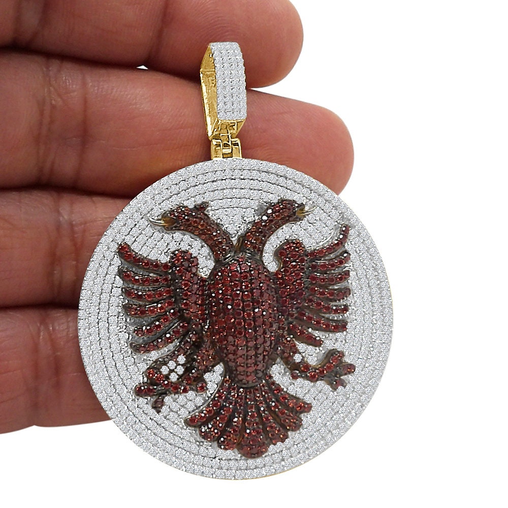 35+ Grams Big 2.65'' Real Sterling Silver Simulated Diamond Albanian Eagle Double Headed Flying Bird Medallion 14K Gold Finish Charm Pendant